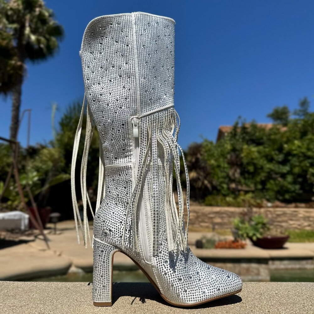 White Rhinestone Fringe Knee-High Heeled Boots - Picture 6 of 7